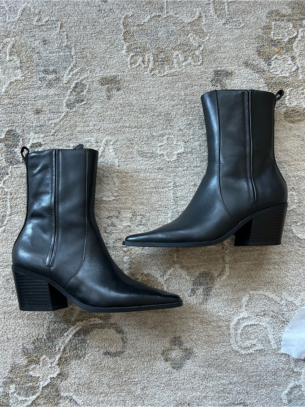 Mango Classic Leather Black Pointed Toe Women's Boots with Side Zipper